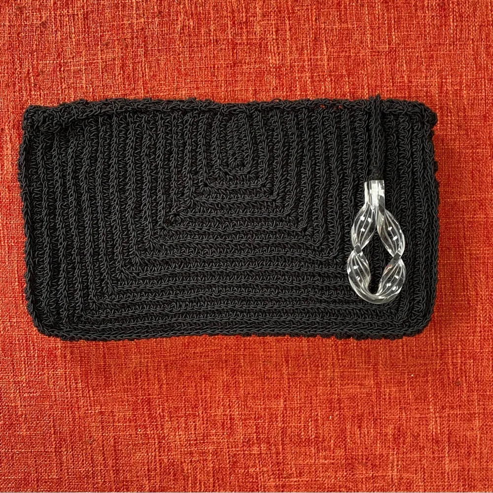 VTG 40’s Black Crochet Clutch Bag Coin Purse Lucite Clear Zipper Pull Charm